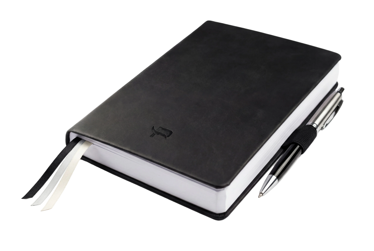 Black leather notebook with a pen on a white background